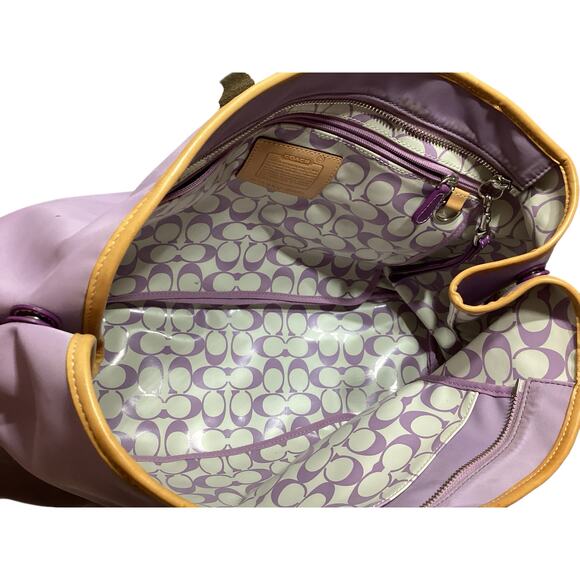 Coach Hamptons nylon tote bag purple striped and tan leather trim. - Picture 5 of 7